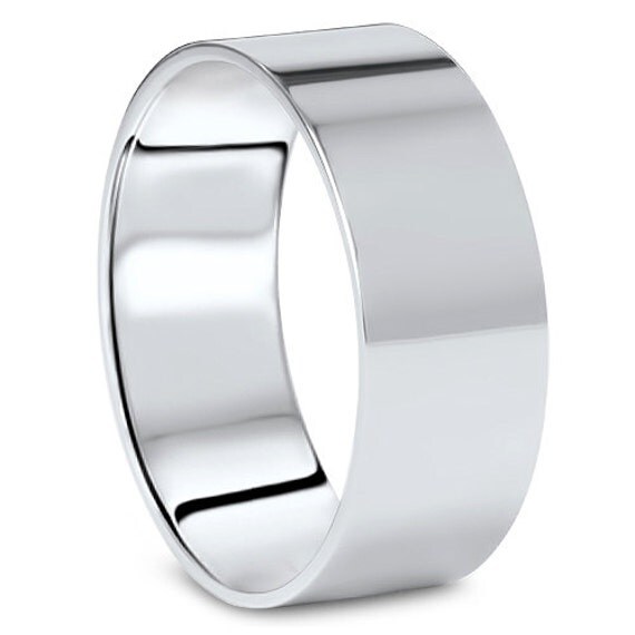 Men's 14K White Gold 8mm Flat Plain Wedding Band High Polish