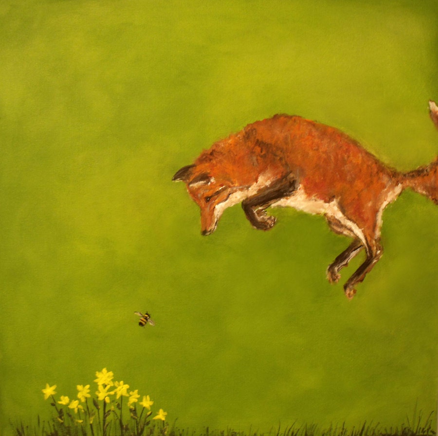Original Painting Fox and the bee 18 x 18 Fun and colorful