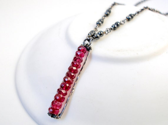 Pink Tourmaline Bead Bar Necklace Oxidized Sterling by Beeskers