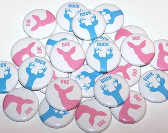 Buck & Doe Gender Reveal Party Set of 24 Buttons Baby Shower Favor 1" or 1.5" or 2.25" Pin Back Button Pink Blue 1" Magnets
