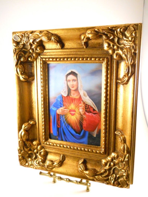 Virgin Mary Sacred Heart 5X7 in original gold ornate frame