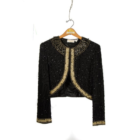 Vintage Silk Beaded Crop Jacket Black & Gold Evening Wear by Moonlite ...