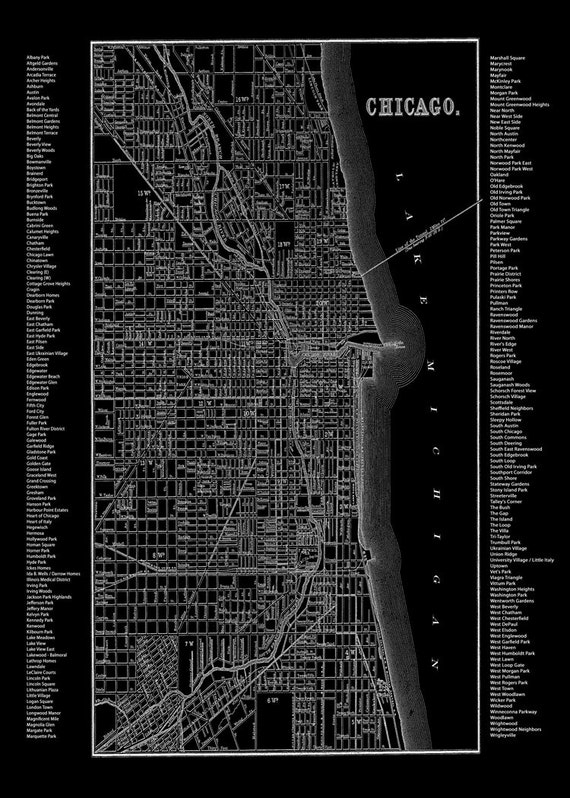 Chicago Neighborhood Map Black Print Poster