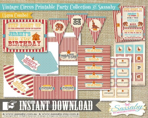 DIY Vintage Circus Party Collection Aqua Combo - INSTANT DOWNLOAD - Printable & Editable Birthday Party Decorations by Sassaby Il_570xn