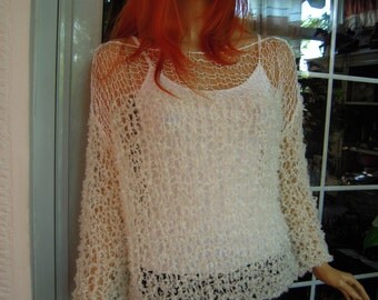 sweater handmade knitted grunge loose sweater/tranparent top in ivory ready to ship all size gift for her by golden yarn