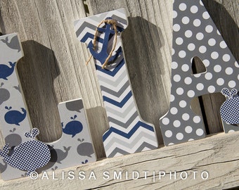 Nautical Nursery Letters, Custom Wooden Letters - Nautical Theme Custom Letters, 9 Inch Size (whale, boat, crab, anchor, navy, grey, blue)