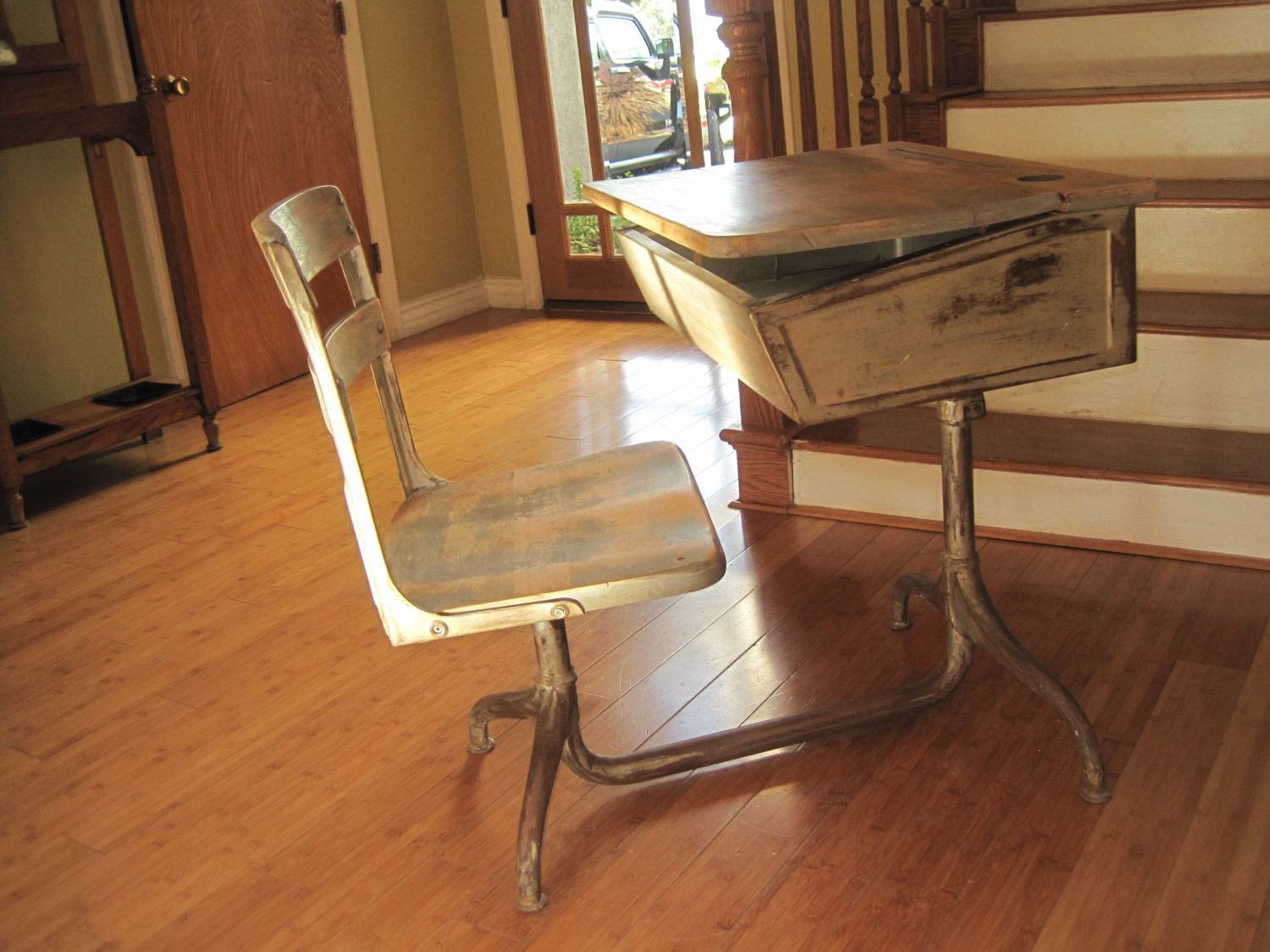 Old Wood and Iron One Piece School Desk and Chair Rustic Décor