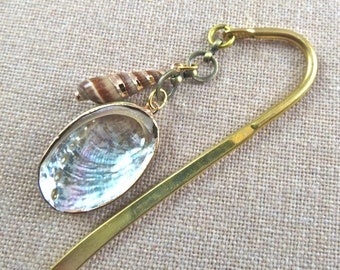 Sea Shells Bookmark - Gold Plated Tower & Abalone Shell - Bronze Chain w/ Gold Plated Page Marker