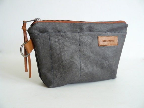Handmade gray waxed canvas zip pouch with key ring pencil