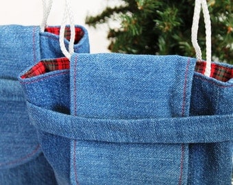 Christmas Plaid Gift Bags Reusable Upcycled Denim Small Gift Tote Vintage Red Green Holiday Wrapping (set of 2) --US Shipping Included
