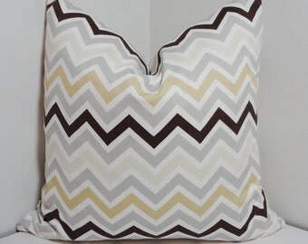 Decorative Pillow Cover Tan Brown W hite Grey Zig zag Chevron Pillow 