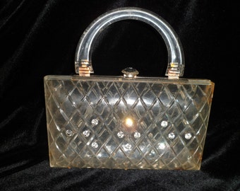 Vintage Lucite Purse / 1950's / clear / diamond cut pattern