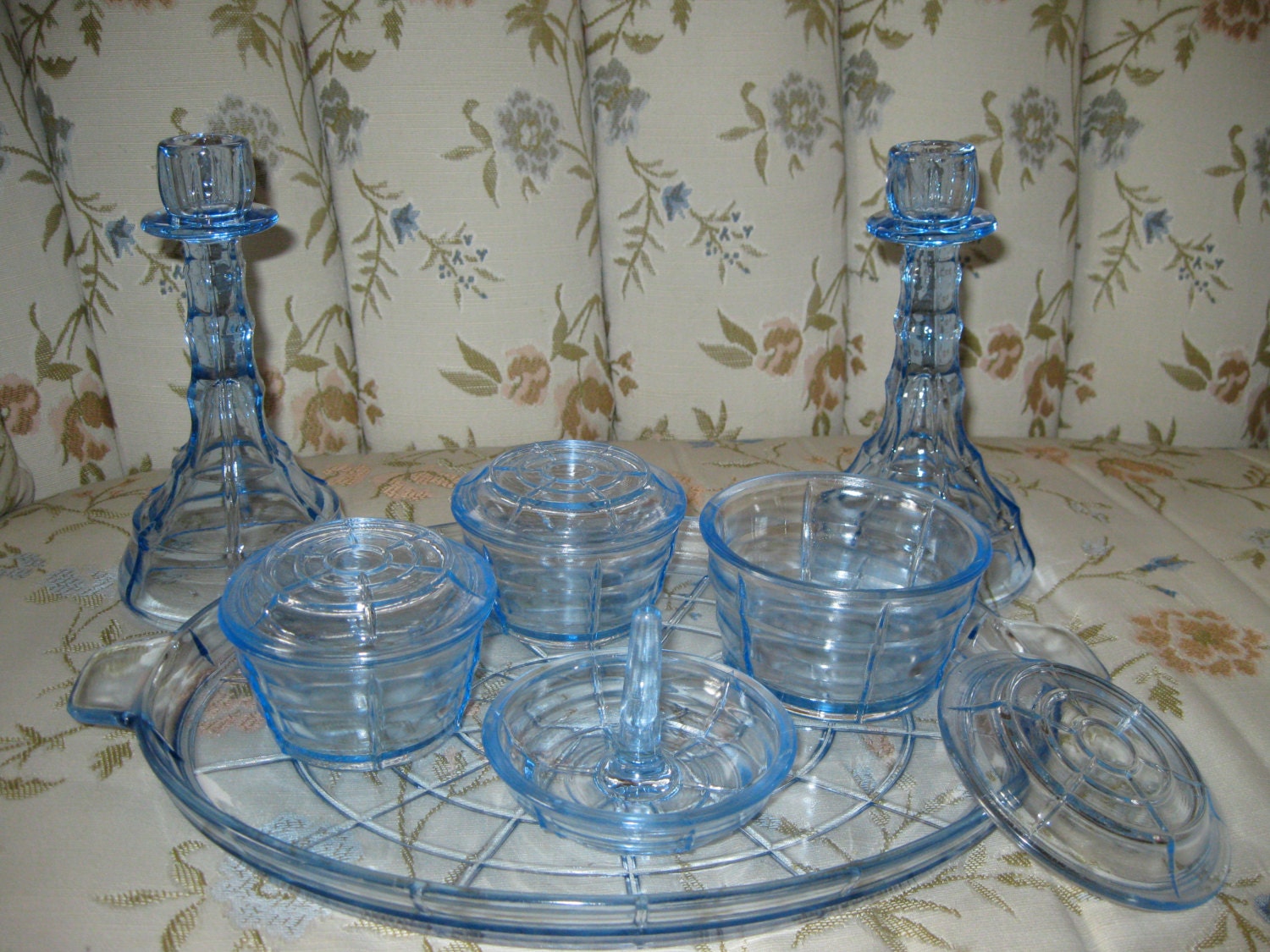 Vintage Blue Glass Vanity Set