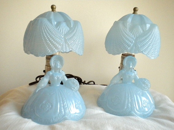 Pair of Vintage Blue Glass Southern Belle Lamps