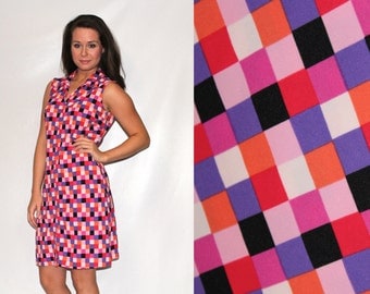 1960s GEOMETRIC CHECKERED DRESS Retro Mad Men Pink Purple Black Square 80s Graphic Print Shift Mini Deco Dolly Scooter Party Megan Draper s