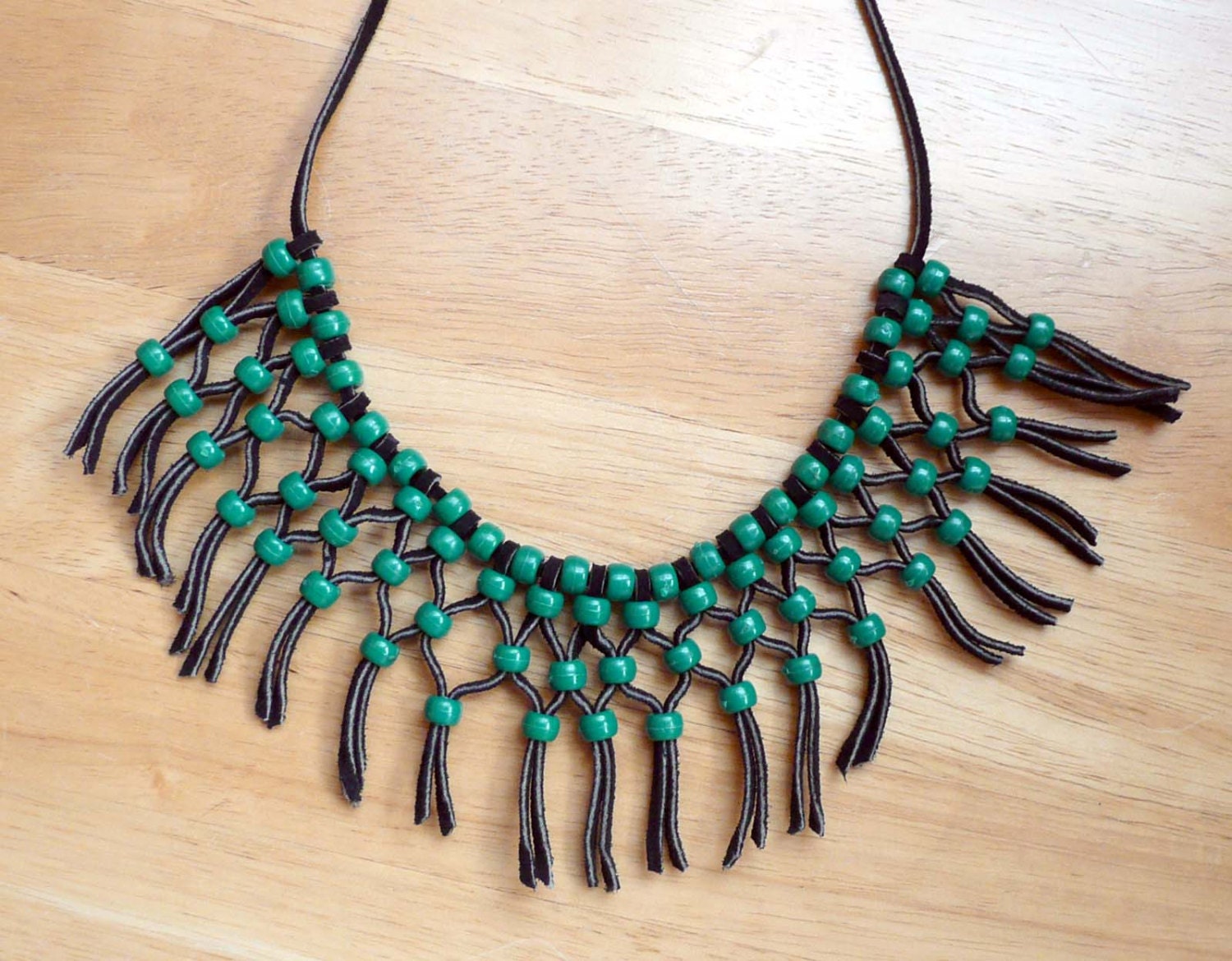 1970s Hippie Macrame Necklace Green Beads & Black Leather