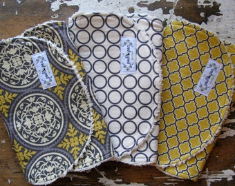 Gender Neutral Baby Burp Cloths - Set of 3 - Grey Scrollwork, Grey Circles and Gold Lattice