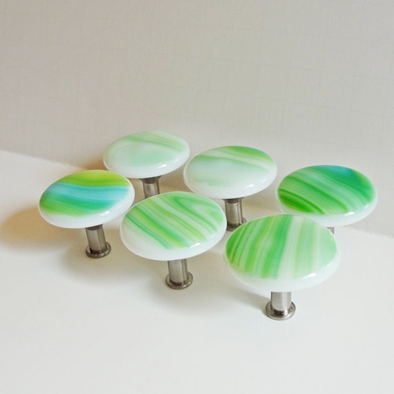 Fused Glass Knob Knobs Green White Kitchen Home Decor