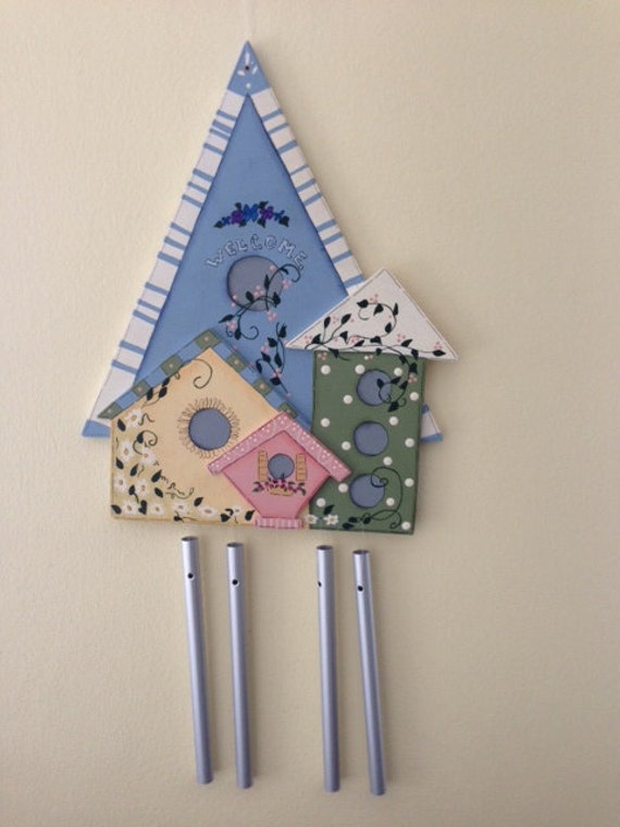Wood Hand Painted Wind Chimes Birdhouses by ColleensKeepsakes