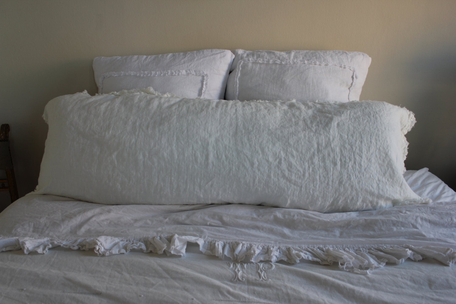 Body pillow sham linen with raw edged ruffle by maisondemichele