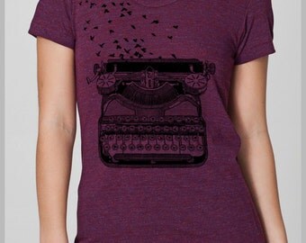 Gift for her Vintage Typewriter with Birds T Shirt - Freedom of Speech Women's Tee Writers American Apparel Back to school