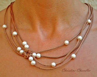 Pearl and Leather Jewelry - Natural Reef Knot Necklace - Pearl and Leather Jewelry Collection