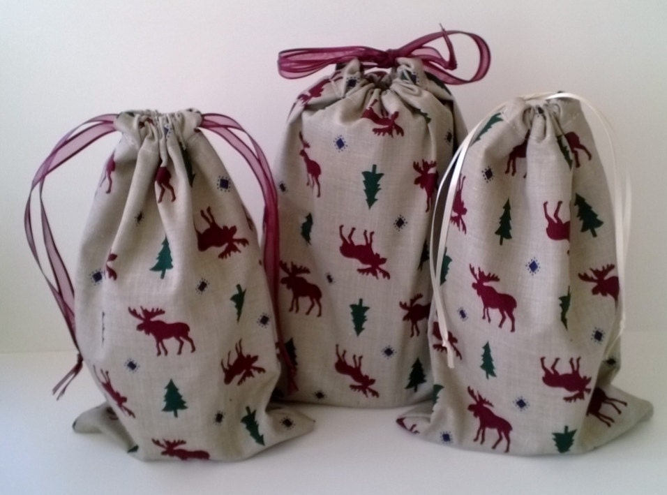 3 Christmas Drawstring Fabric Gift Bags Upcycled Reusable
