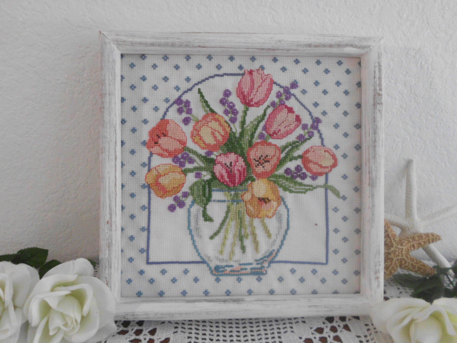 Vintage Needlepoint Flowers Romantic Beautiful Lovely Feminine