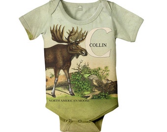 Personalized Baby Boy Bodysuit, Moose Woodland Animal Baby One Piece, Onepiece Baby Clothing