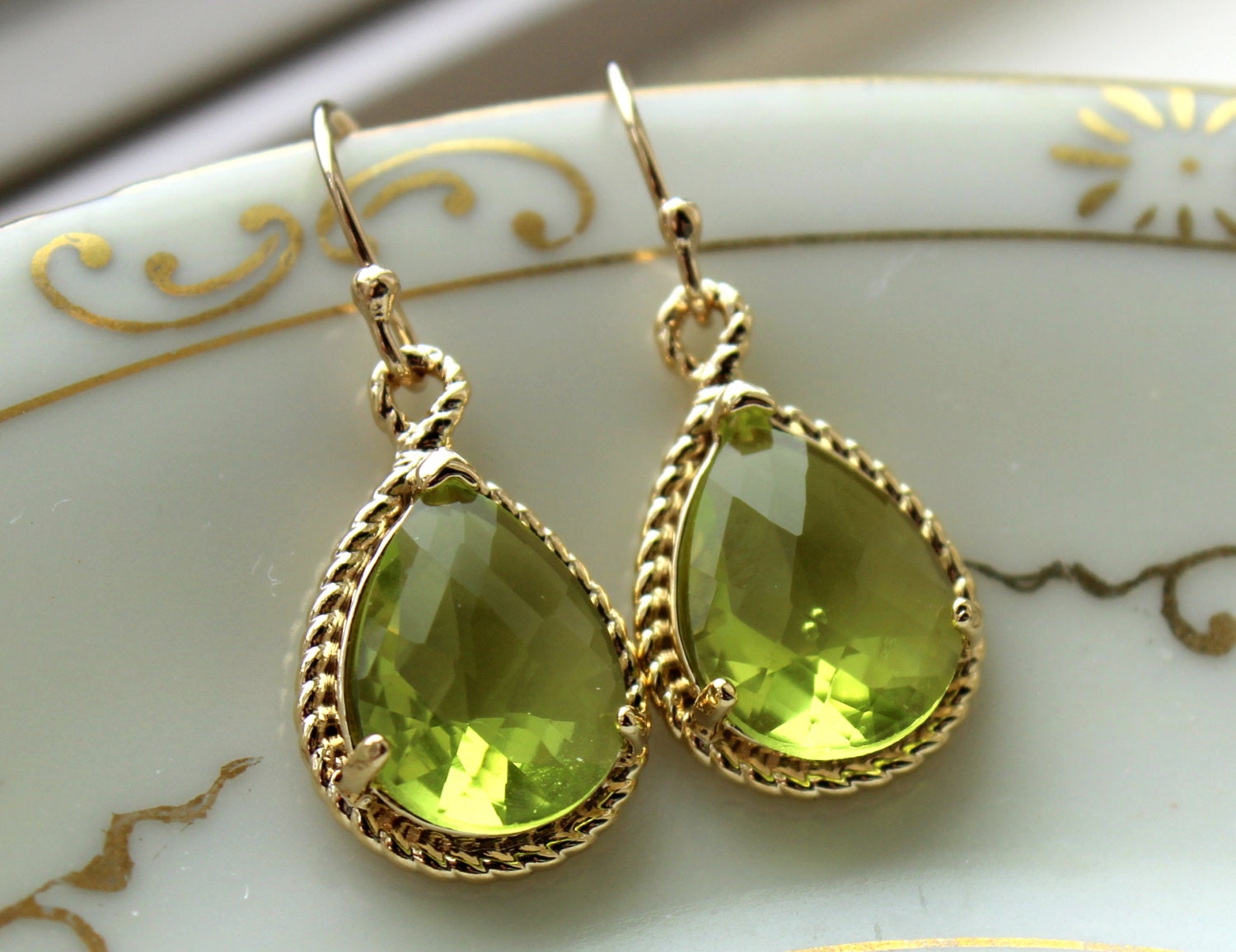 Peridot Earrings Gold Apple Green Jewelry Teardrop Gold Rope