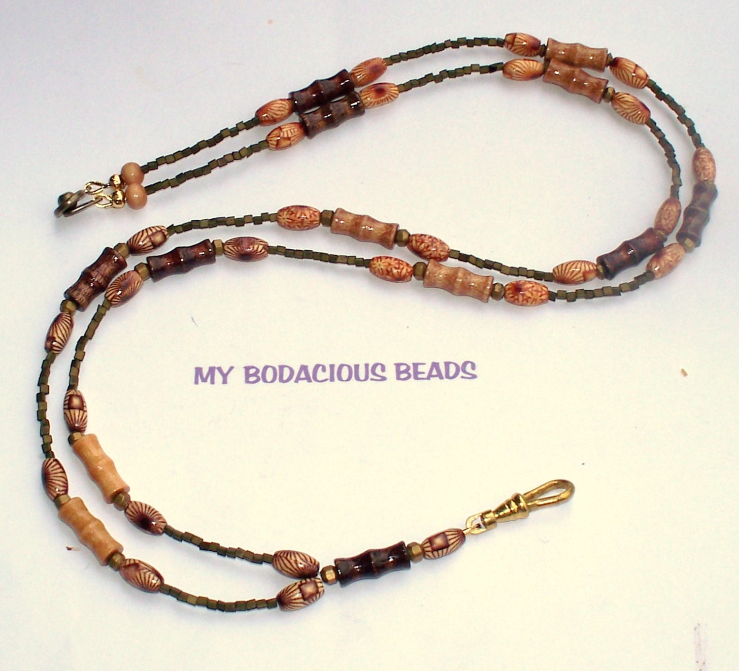 Handmade 36 Painted WOODEN Beads Badge ID LANYARD Olive