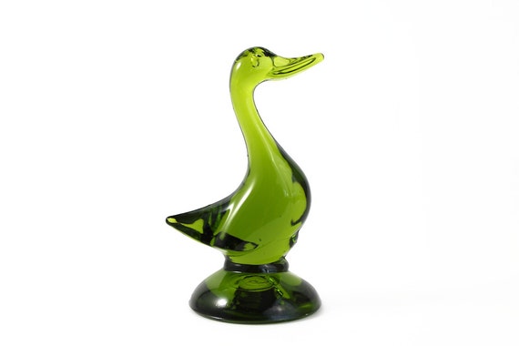 Viking Art Glass Duck Figurine Epic Animal Olive Green 5 Inch