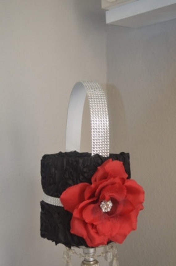 Red and Black Flower Girl Basket - Black basket with silver glitter wrap  and red rose