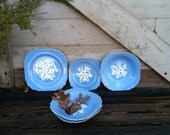Vintage Harker Pottery Blue Cameoware Plate + Bowl Set - Antique Kitchen + Dining Room Decor