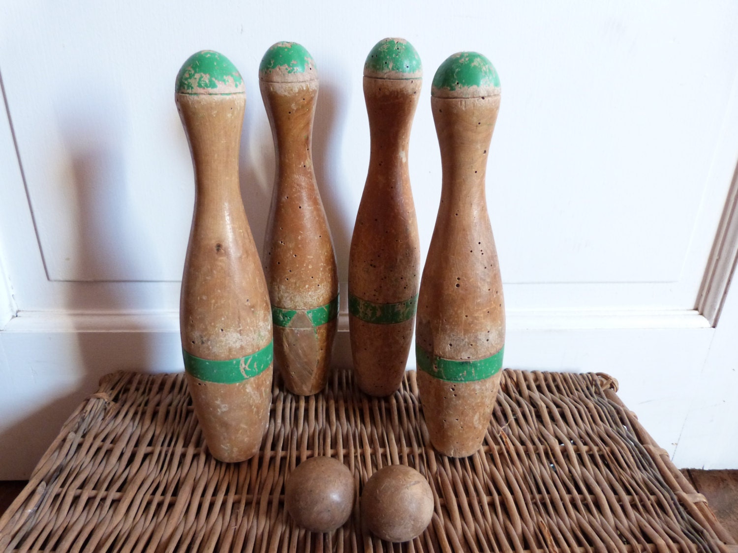 Antique French wooden skittles game bowling game pins w
