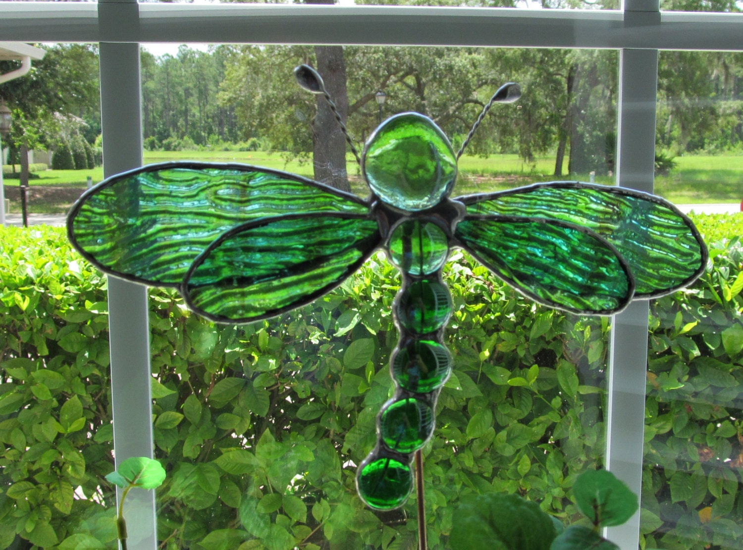 Stained Glass Dragonfly Plant Stake Green/Brown Rippled