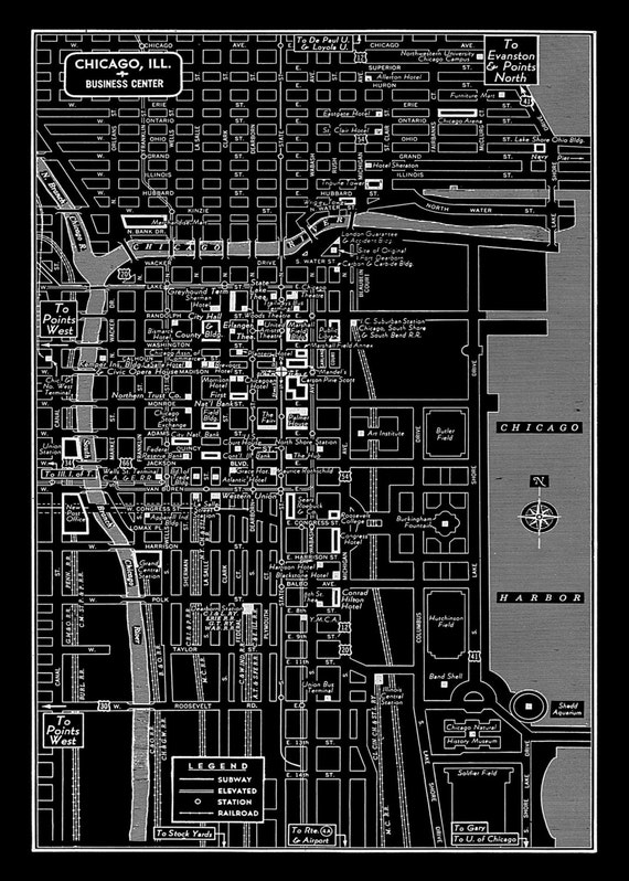 1949 Vintage Map of Downtown Chicago Illinois 11x17 Black Map