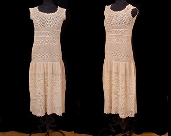 1920s Dress // Crochet Filet Lace Drop Waist Ecru Flapper Dress
