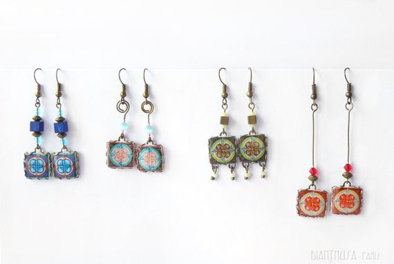 French tiles Earrings with vintage drawings Red, white, yellow and blue floral and medieval drawings
