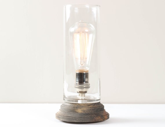 Lantern Pedestal Lamp Rustic Gray- Modern Table Lamp, Edison Bulb Lighting, Gray Wood