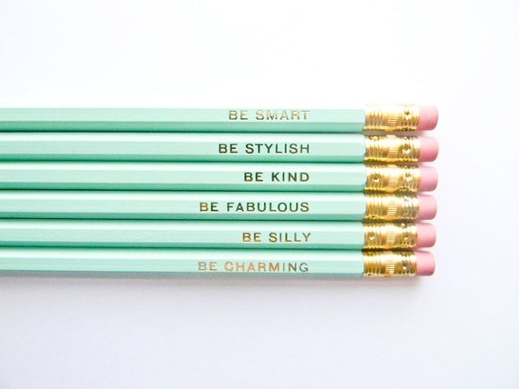 Gentle Reminders Pencils- Mint and Gold, Set of 6, Stocking Stuffers