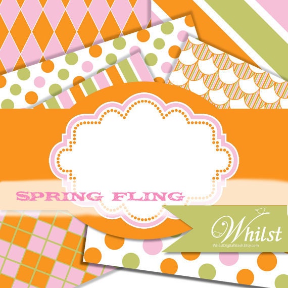 SALE Pink orange green digital paper and frame clip art diy garden party : p0220 3s061237 IP Il_570xn