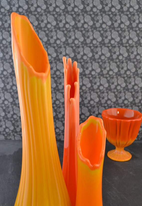 Vintage Orange Glass Vases Bittersweet Slag Vases LE Smith