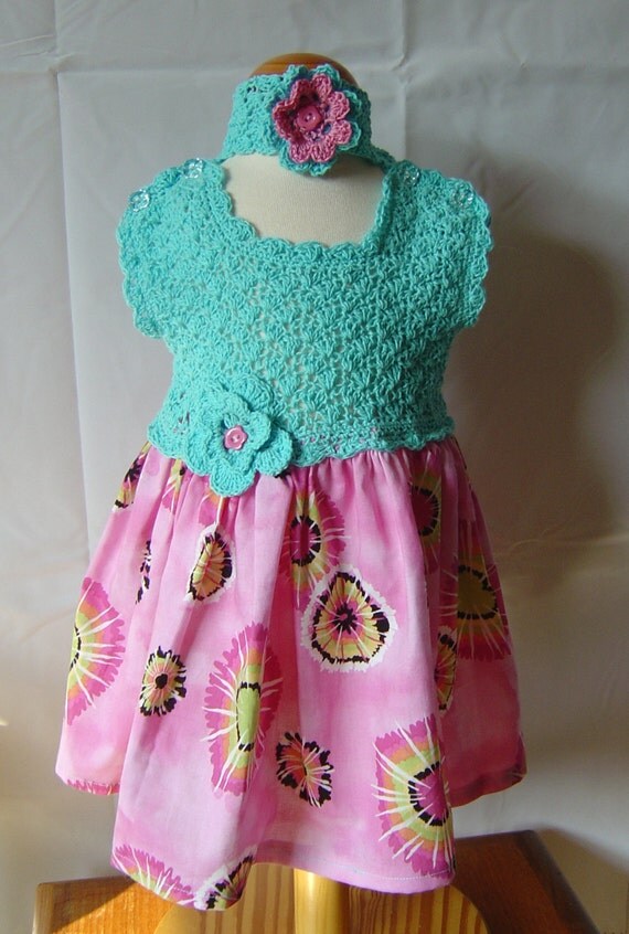 Items similar to Baby dress with crochet yoke and fabric skirt in lovely bright colours. on Etsy