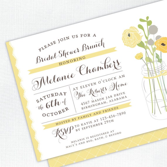 Vintage Mason Jar Bridal Shower Invitation - yellow - PRINTED - Printable file also available Il_570xn