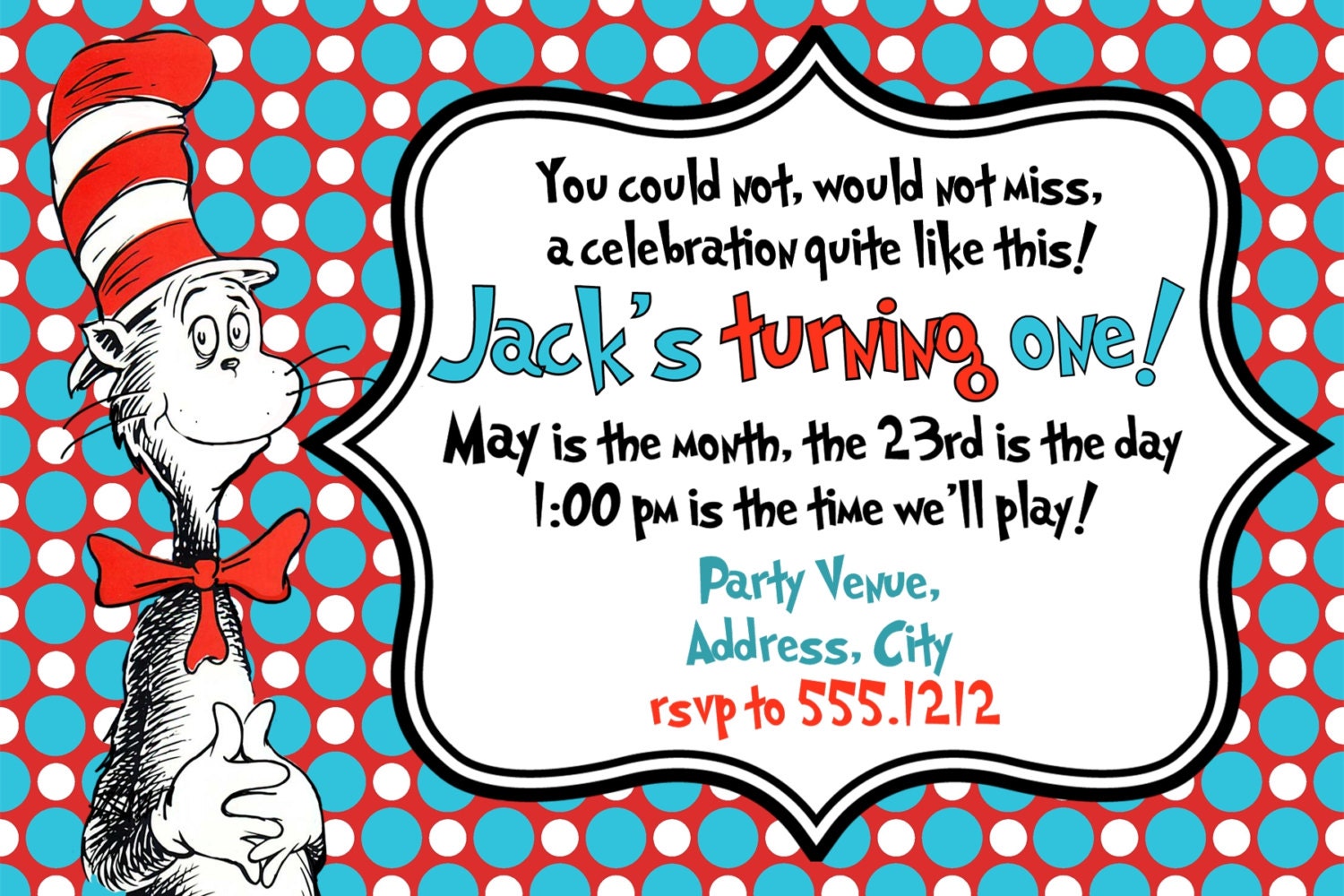 Cat in the Hat Birthday Party Invitation: Printable 4x6 or 5x7