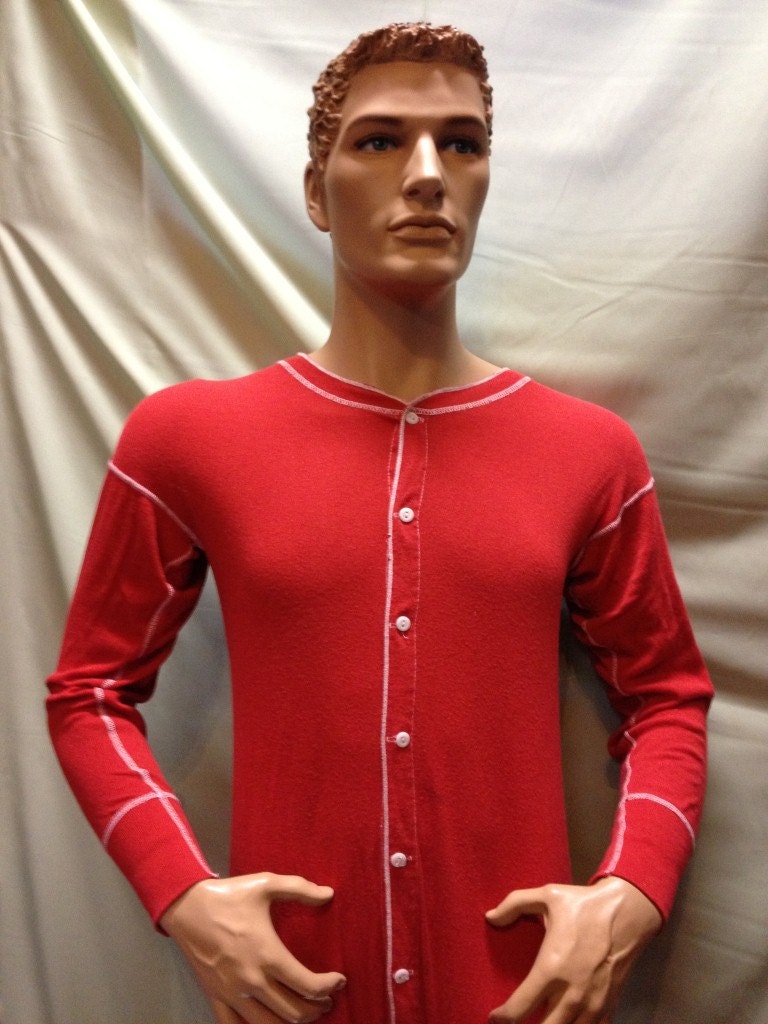 A cozy one piece red long john with a flap in the back.