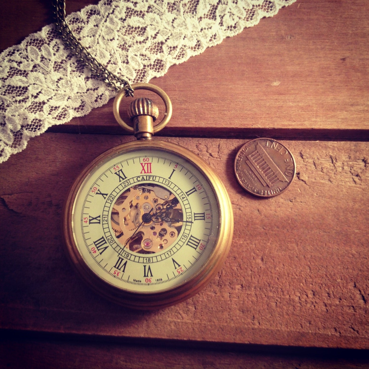 1 Large Pocket Watch Necklace Wind Up Gears Beveled GLASS