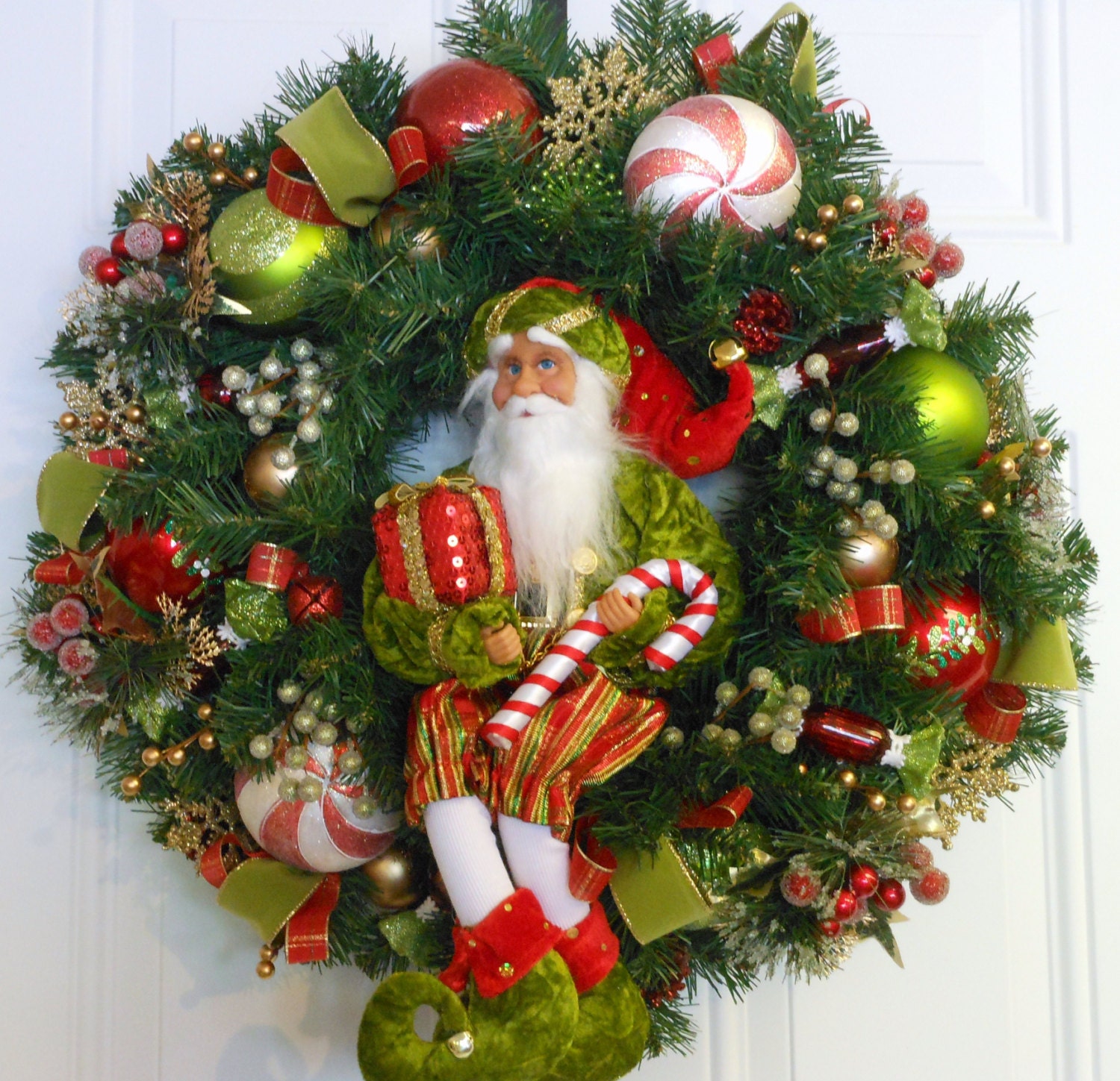 REDUCED SANTA Elf CANDY Cane Peppermint Christmas Wreath
