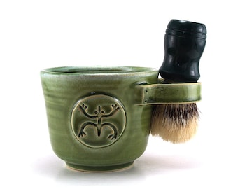 Green Ceramic Shaving Mug with a Frog or Coqui, Taino Themed Handmade Pottery Gift - Brush NOT Included - Made to Order in 6-8 Weeks